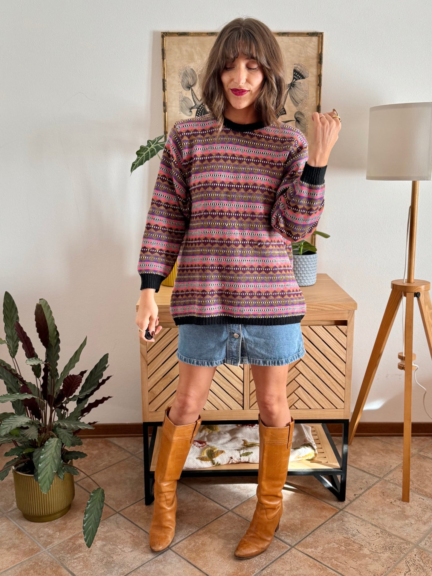 1980's vintage pink, purple and brown stripe knit wool pullover