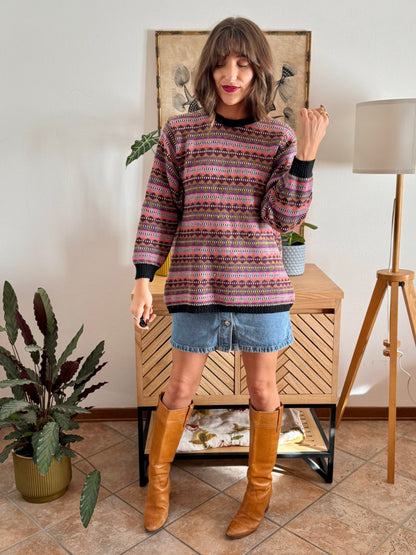 1980's vintage pink, purple and brown stripe knit wool pullover
