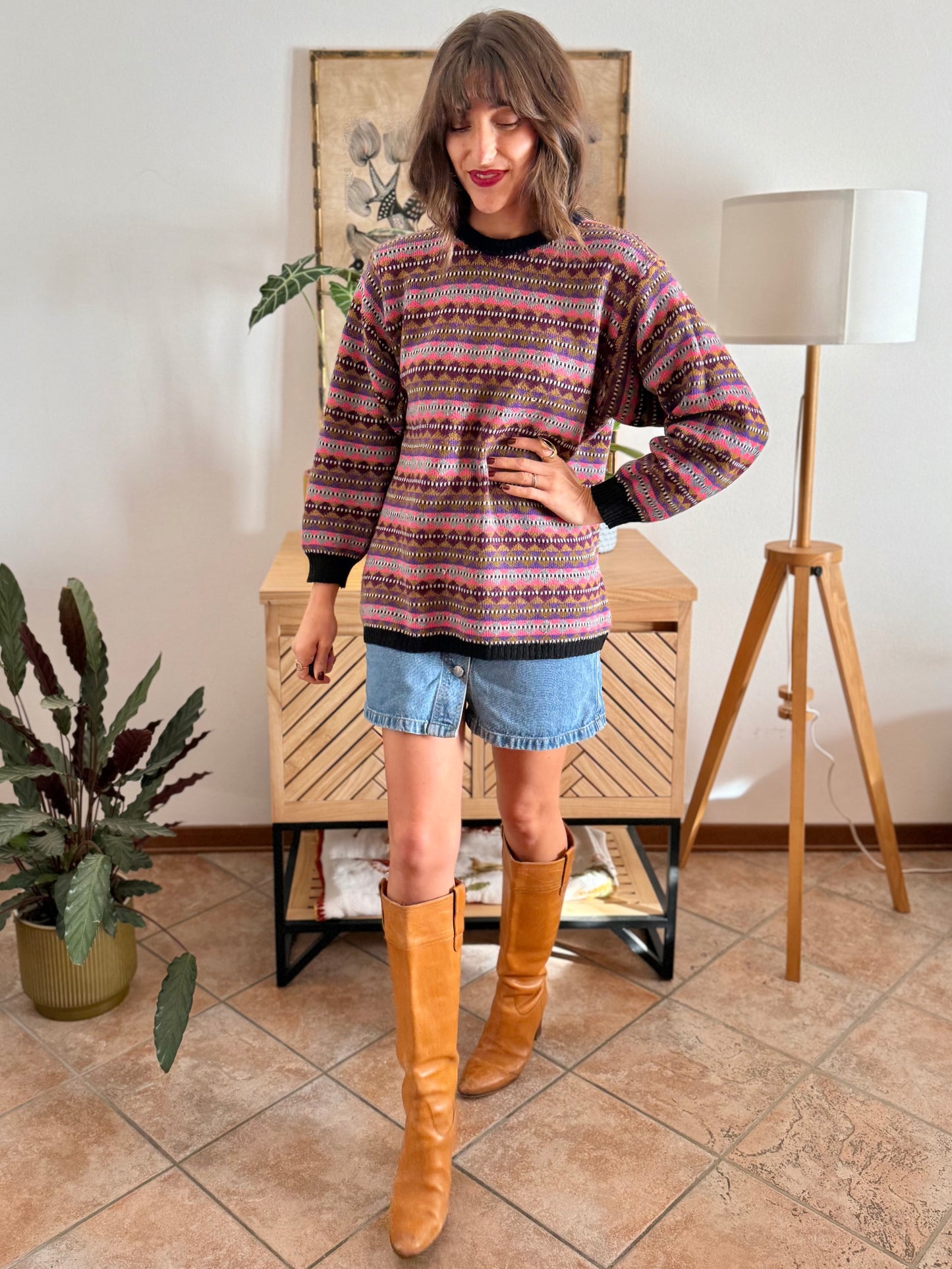 1980's vintage pink, purple and brown stripe knit wool pullover