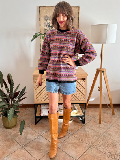1980's vintage pink, purple and brown stripe knit wool pullover