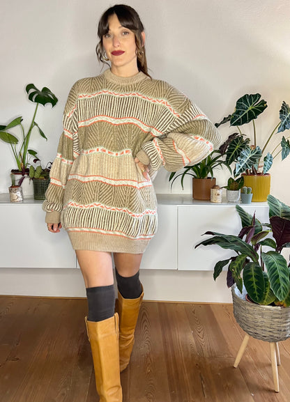 1970's vintage tan, orange and mint knit pullover