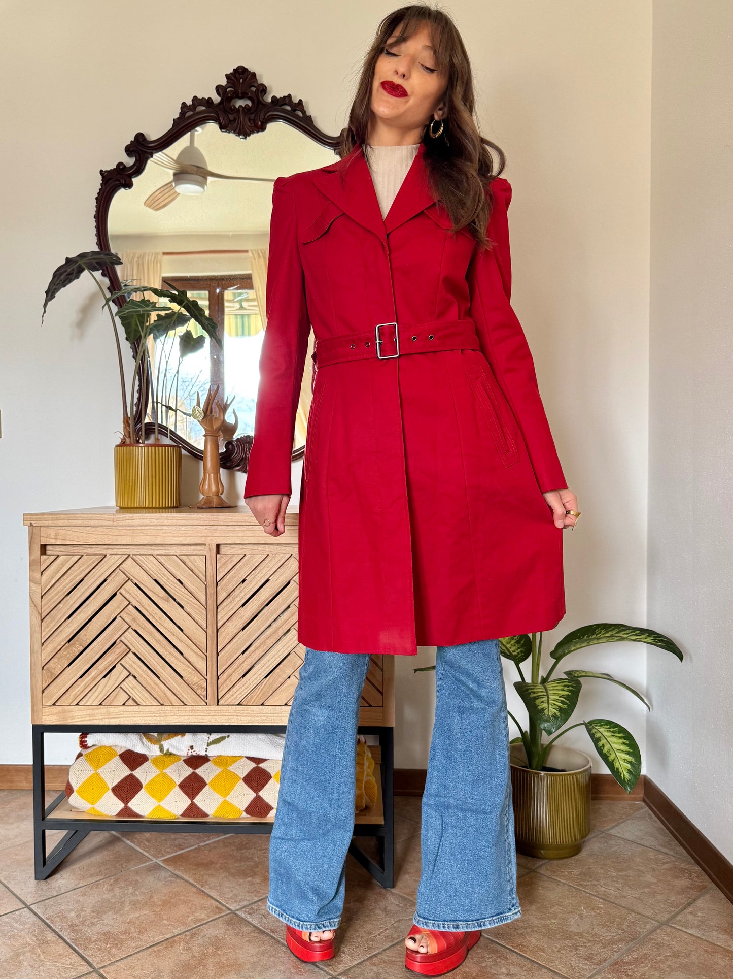 1990's vintage cherry red trench coat with white and red abstract geometric satin lining