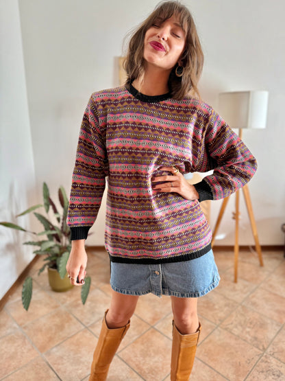 1980's vintage pink, purple and brown stripe knit wool pullover