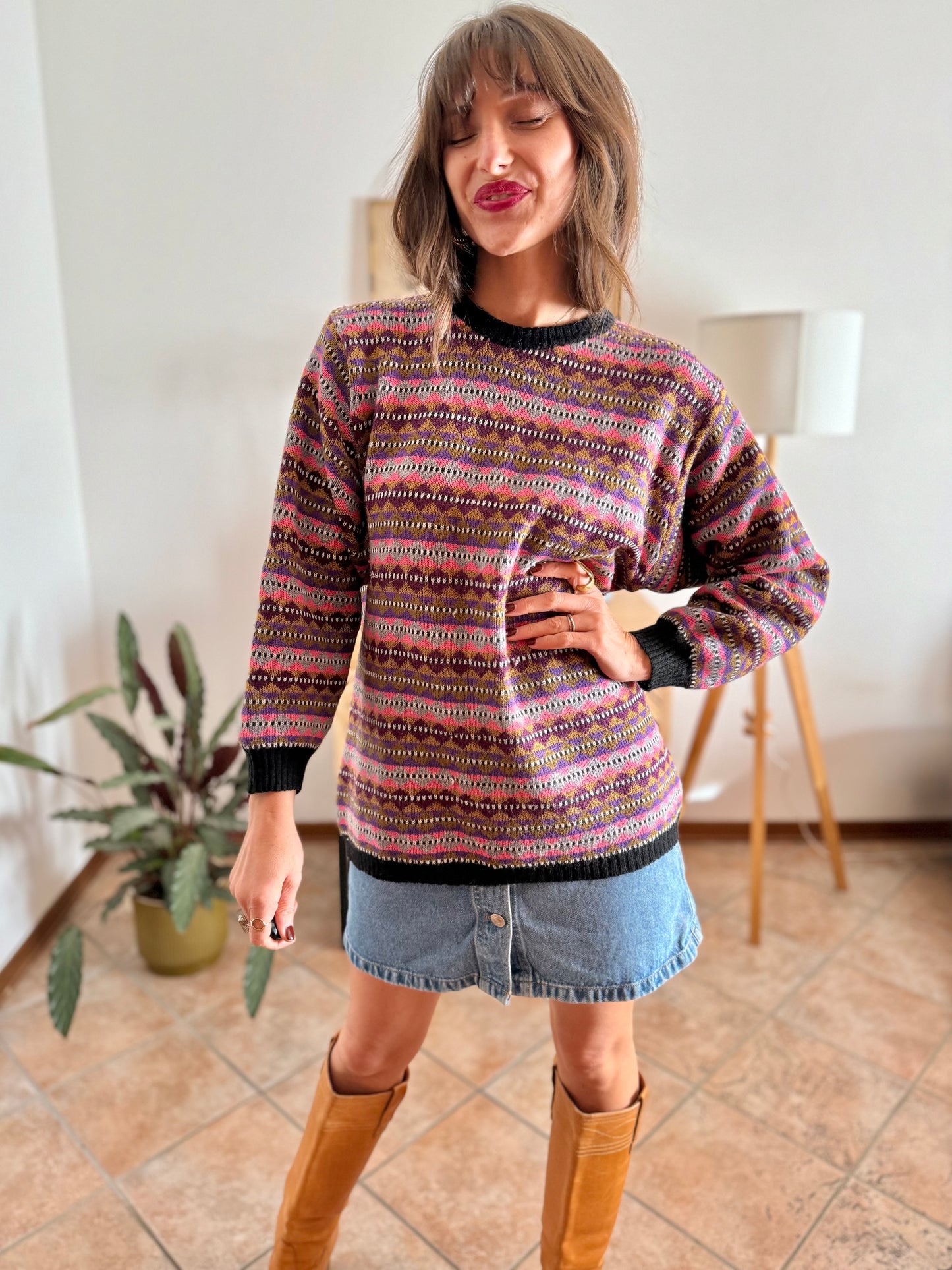 1980's vintage pink, purple and brown stripe knit wool pullover