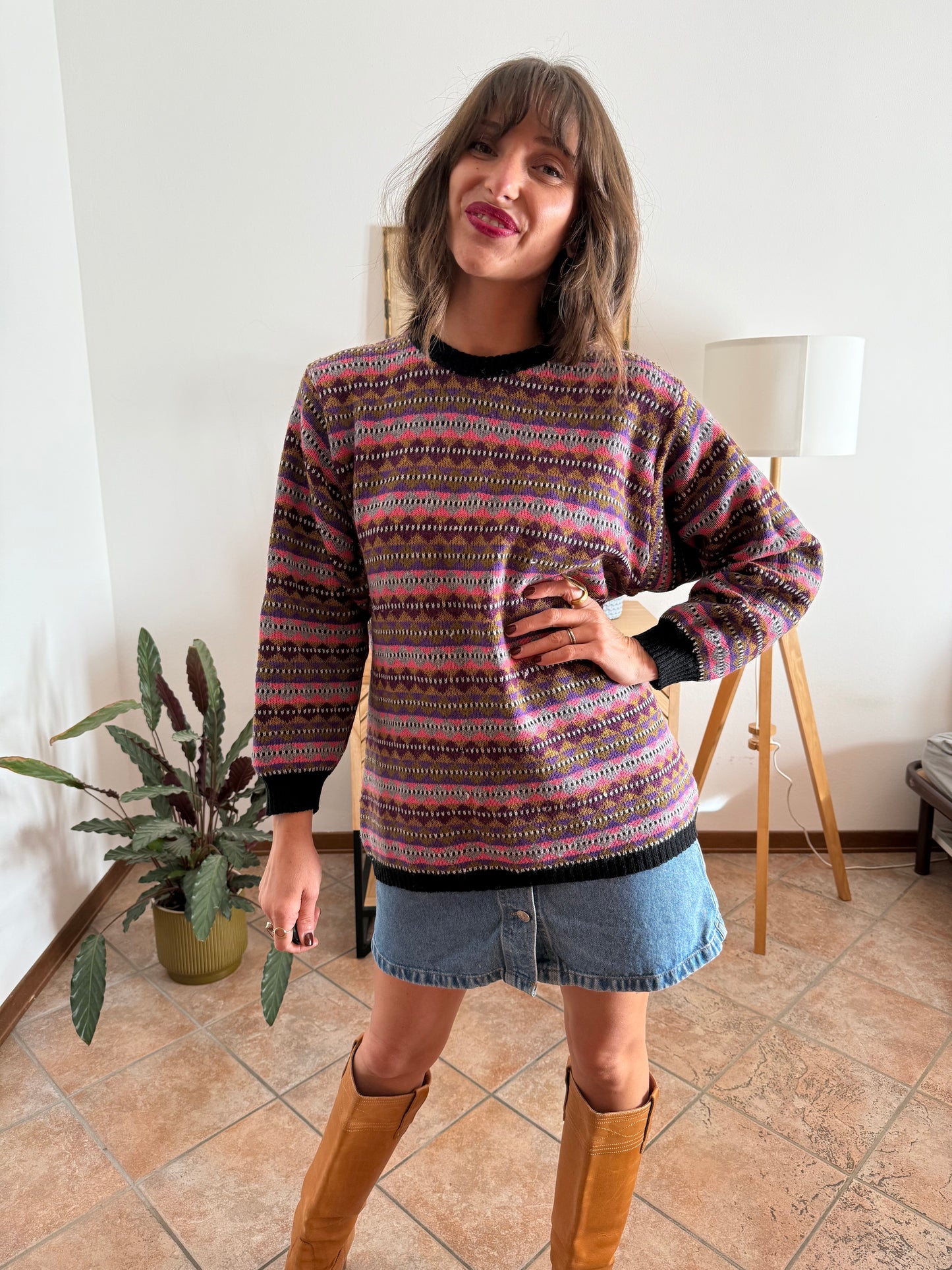 1980's vintage pink, purple and brown stripe knit wool pullover