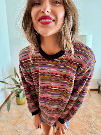 1980's vintage pink, purple and brown stripe knit wool pullover