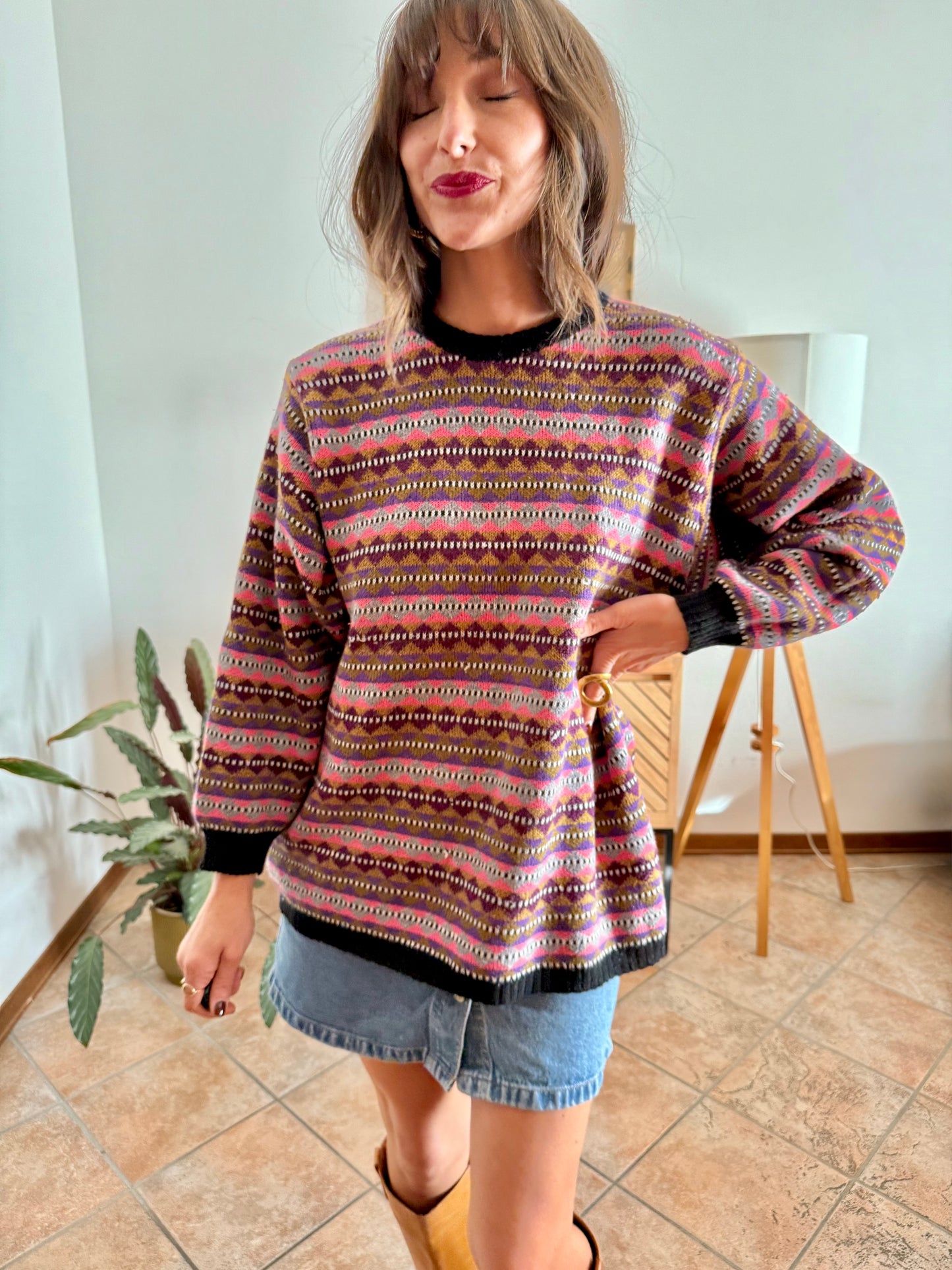 1980's vintage pink, purple and brown stripe knit wool pullover
