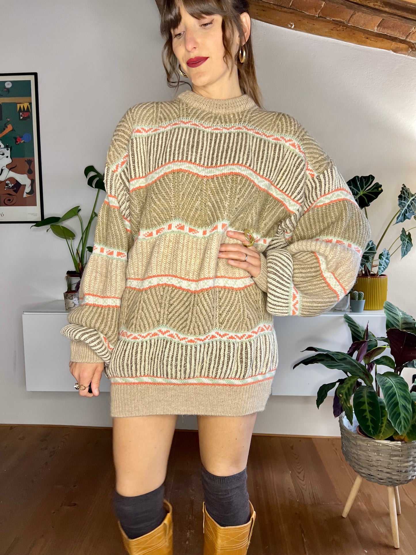 1970's vintage tan, orange and mint knit pullover