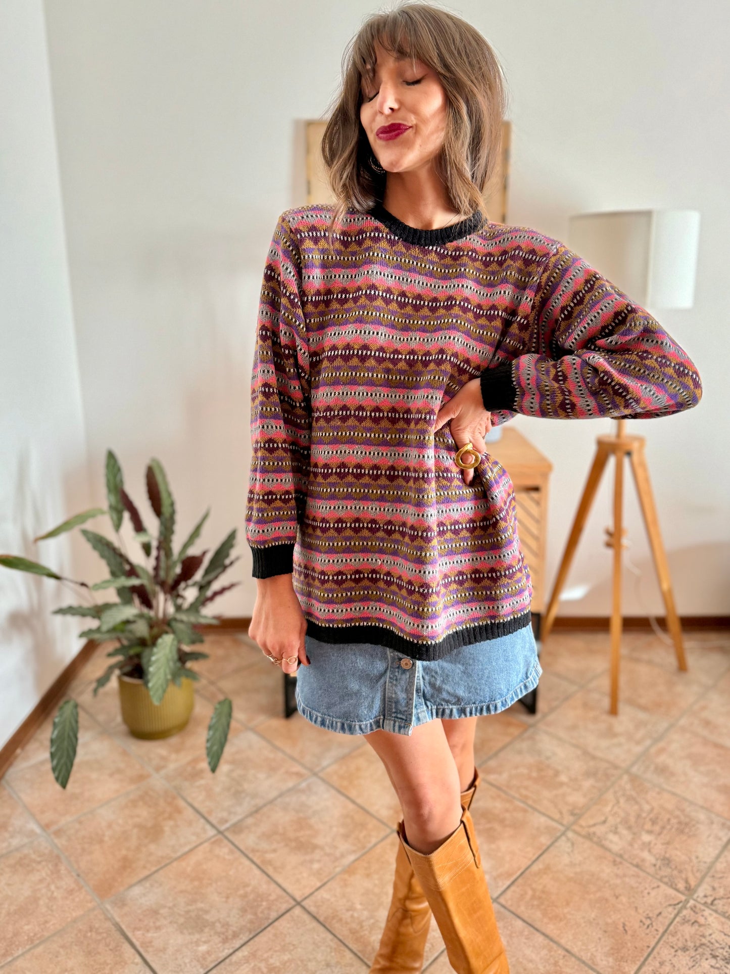 1980's vintage pink, purple and brown stripe knit wool pullover