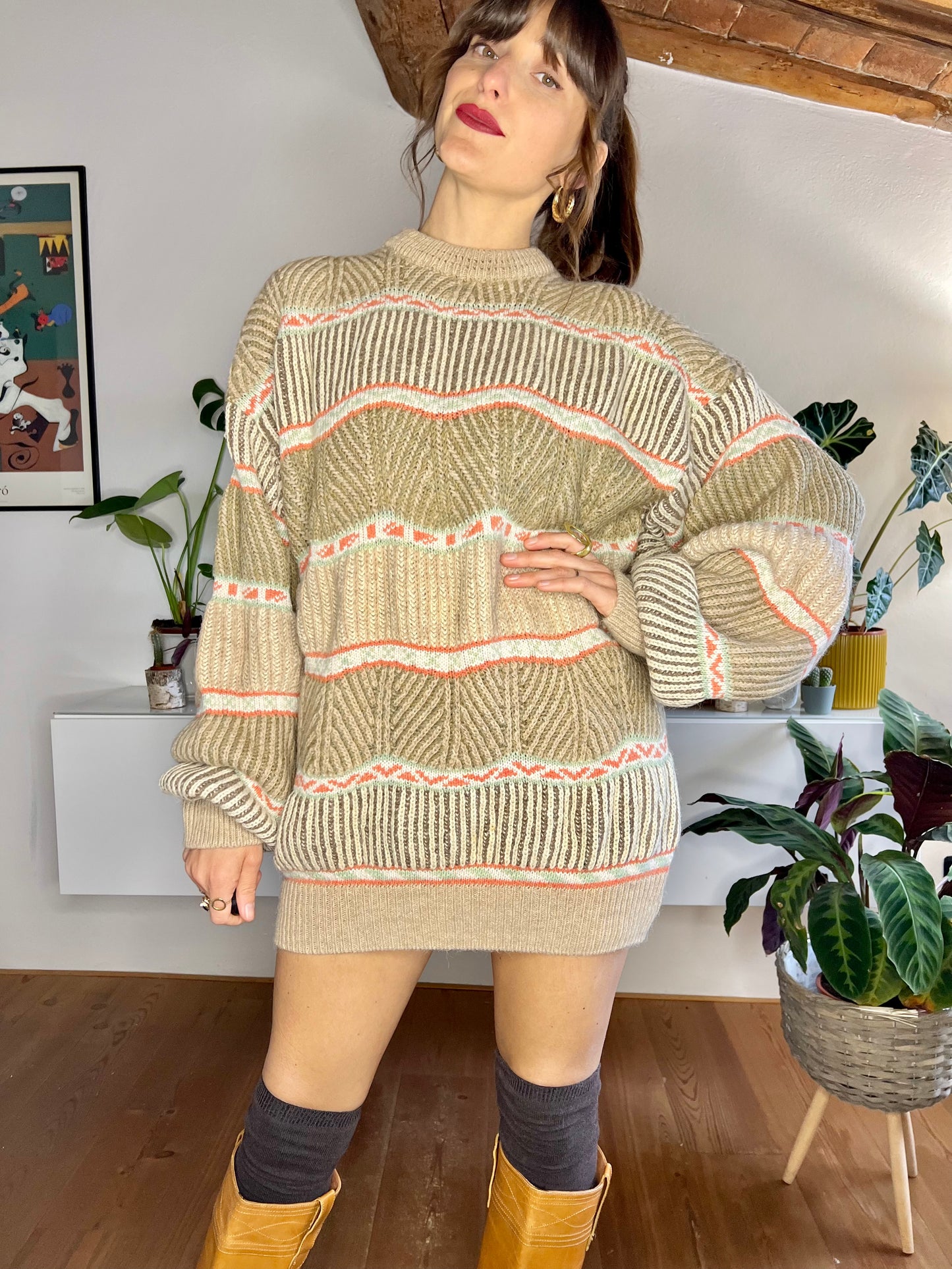 1970's vintage tan, orange and mint knit pullover