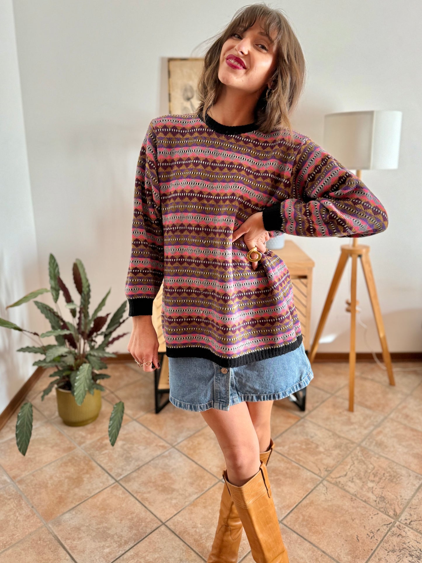1980's vintage pink, purple and brown stripe knit wool pullover