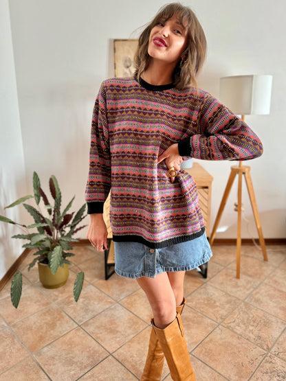 1980's vintage pink, purple and brown stripe knit wool pullover