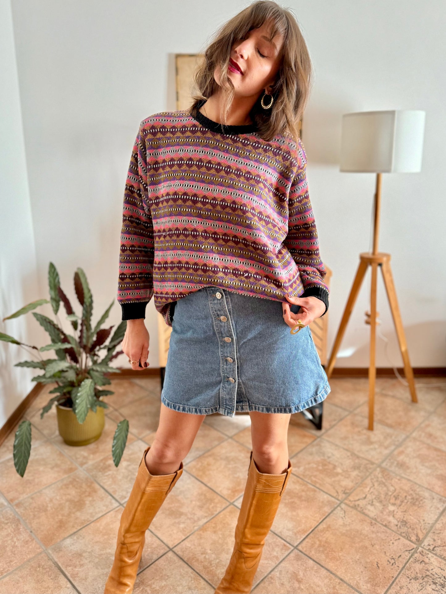 1980's vintage pink, purple and brown stripe knit wool pullover