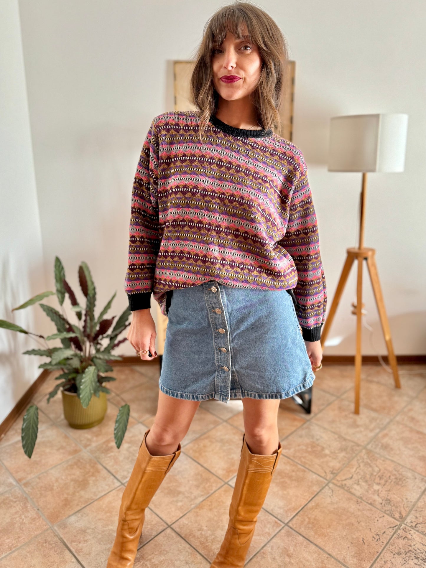 1980's vintage pink, purple and brown stripe knit wool pullover