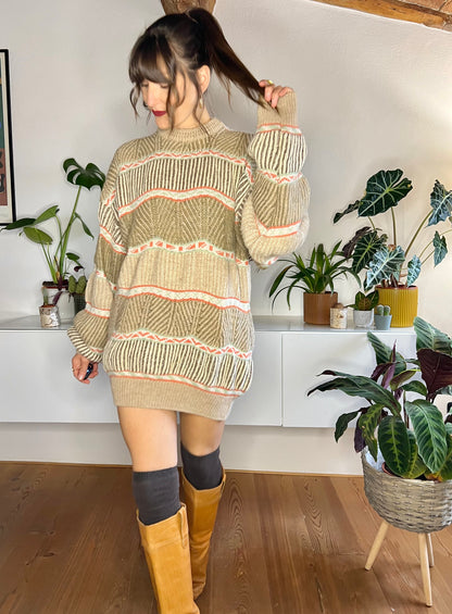 1970's vintage tan, orange and mint knit pullover