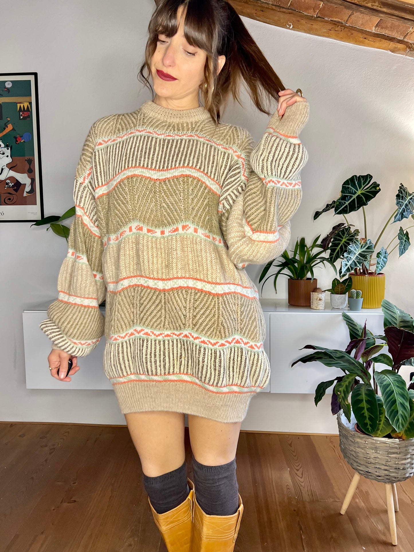 1970's vintage tan, orange and mint knit pullover