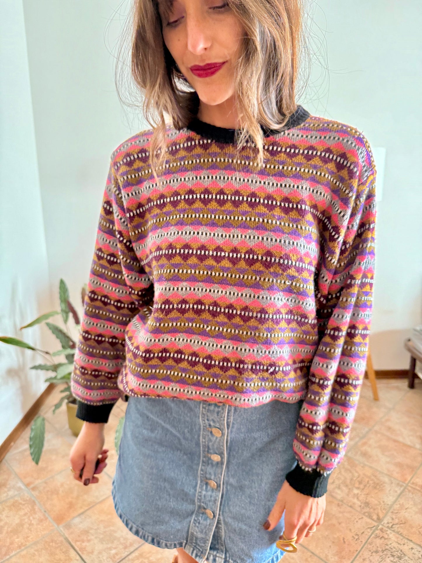 1980's vintage pink, purple and brown stripe knit wool pullover