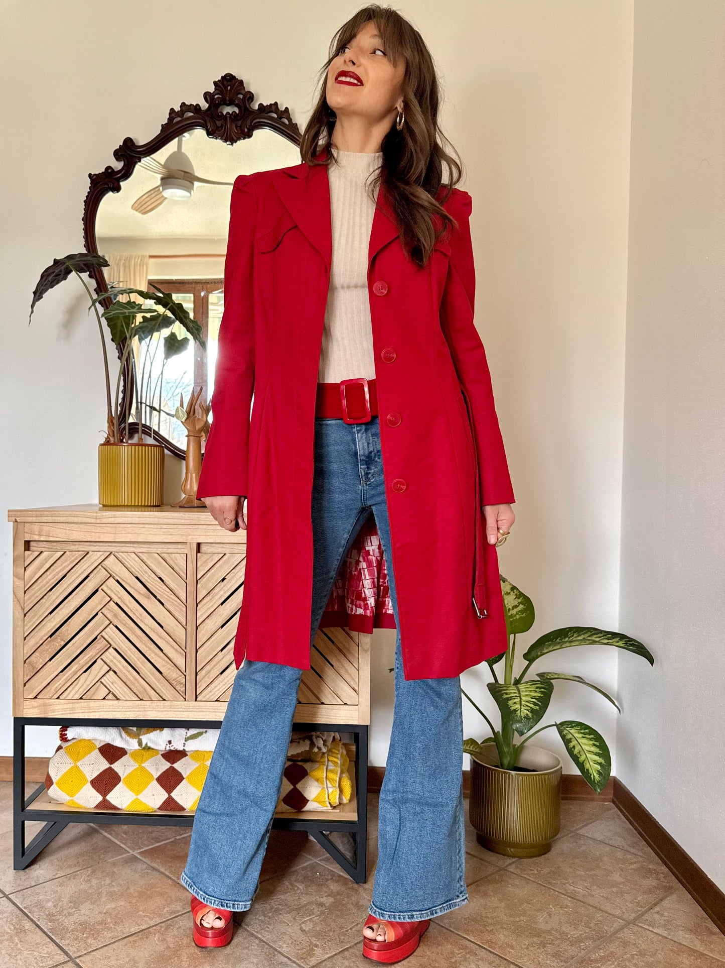 1990's vintage cherry red trench coat with white and red abstract geometric satin lining