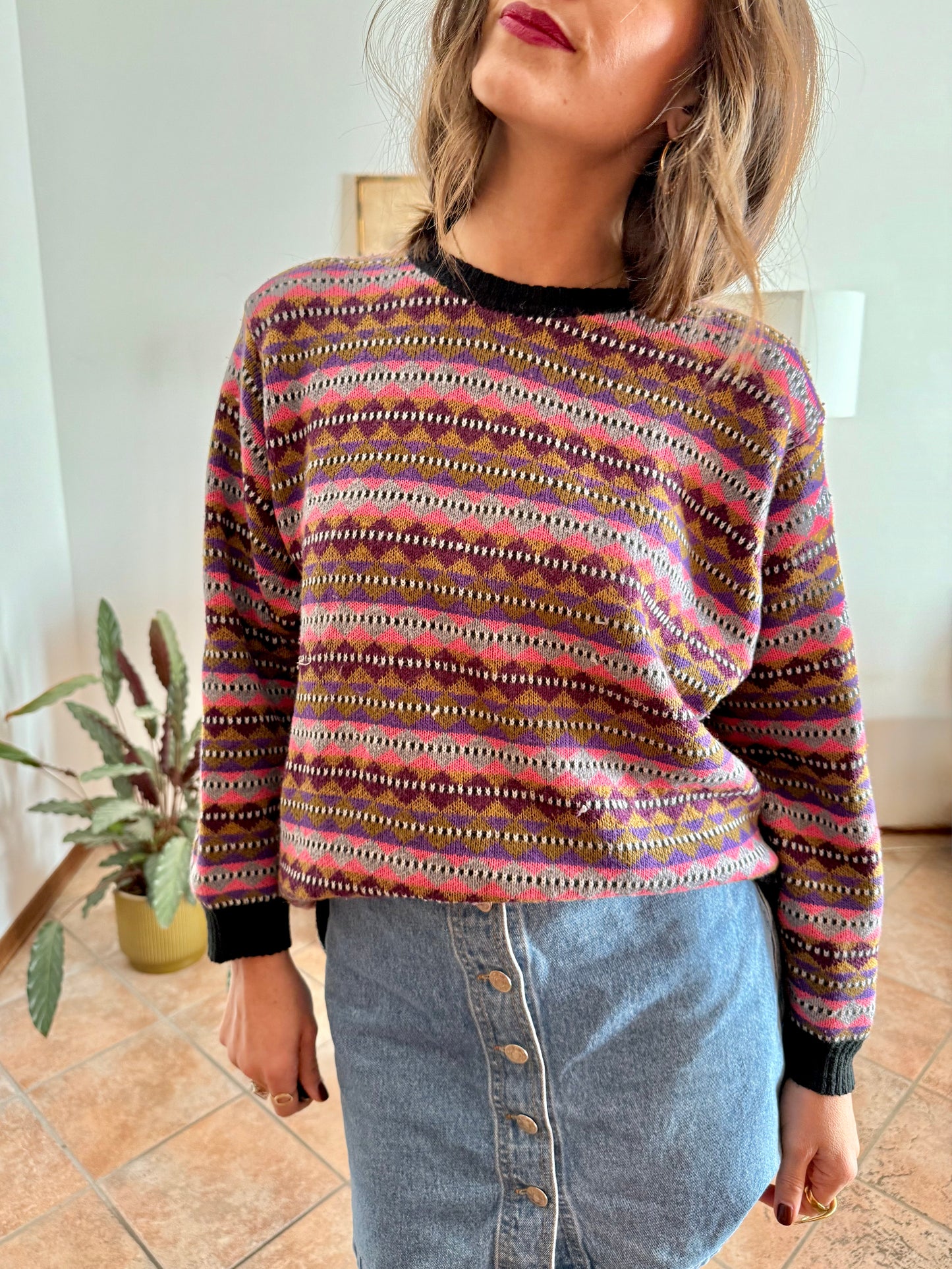 1980's vintage pink, purple and brown stripe knit wool pullover