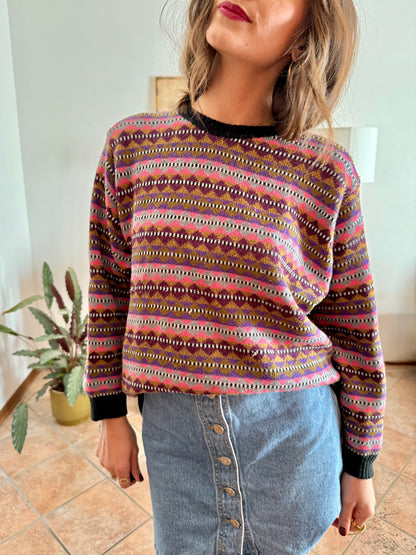 1980's vintage pink, purple and brown stripe knit wool pullover