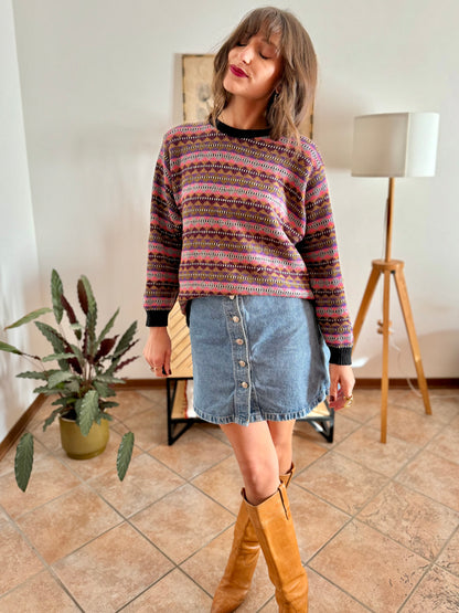 1980's vintage pink, purple and brown stripe knit wool pullover