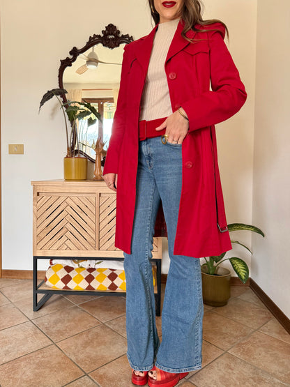 1990's vintage cherry red trench coat with white and red abstract geometric satin lining
