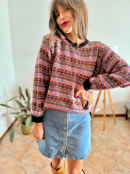 1980's vintage pink, purple and brown stripe knit wool pullover