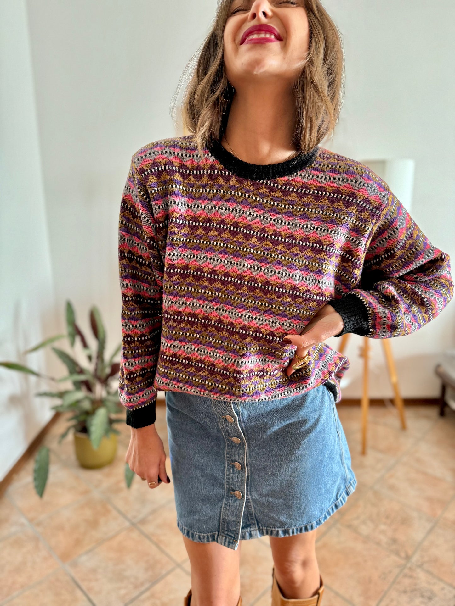 1980's vintage pink, purple and brown stripe knit wool pullover