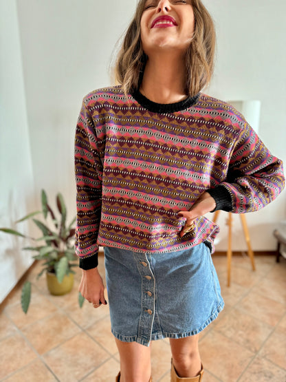 1980's vintage pink, purple and brown stripe knit wool pullover