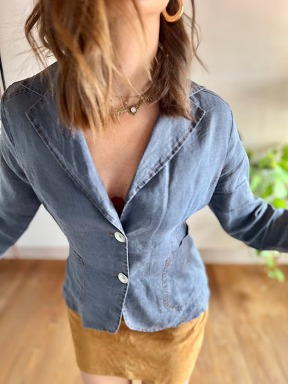 1970's vintage navy blue linen blouse with mother of pearl buttons