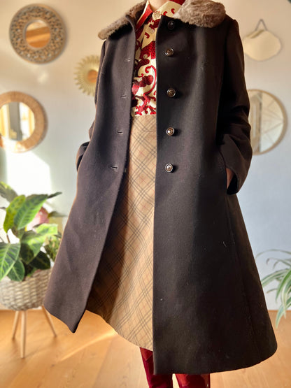 1970's vintage chocolate brown tailored wool coat with faux fur collar