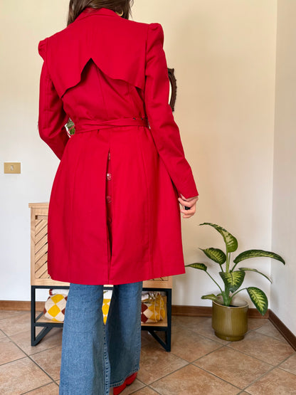 1990's vintage cherry red trench coat with white and red abstract geometric satin lining