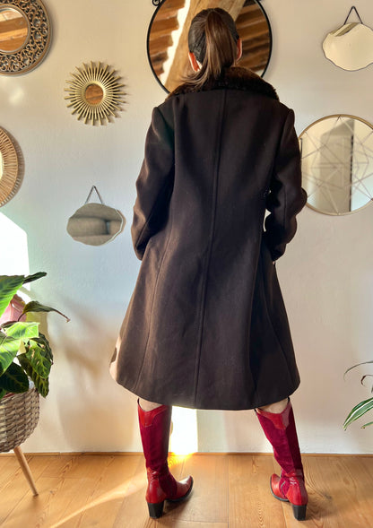 1970's vintage chocolate brown tailored wool coat with faux fur collar