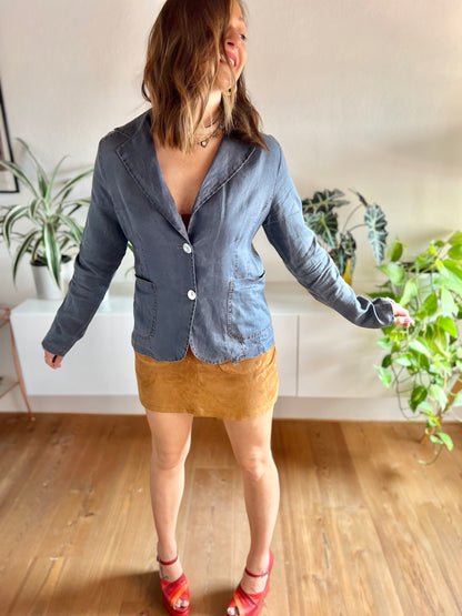 1970's vintage navy blue linen blouse with mother of pearl buttons