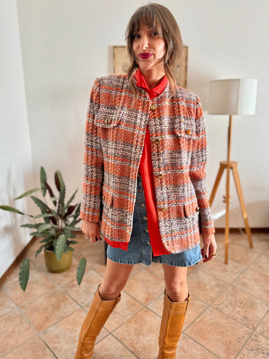 1970's vintage coral and lavender boucle wool blazer with multicolor specks