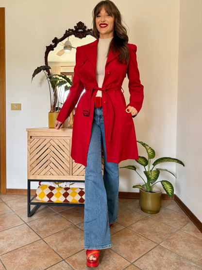1990's vintage cherry red trench coat with white and red abstract geometric satin lining