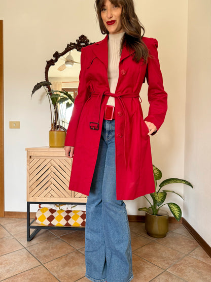 1990's vintage cherry red trench coat with white and red abstract geometric satin lining