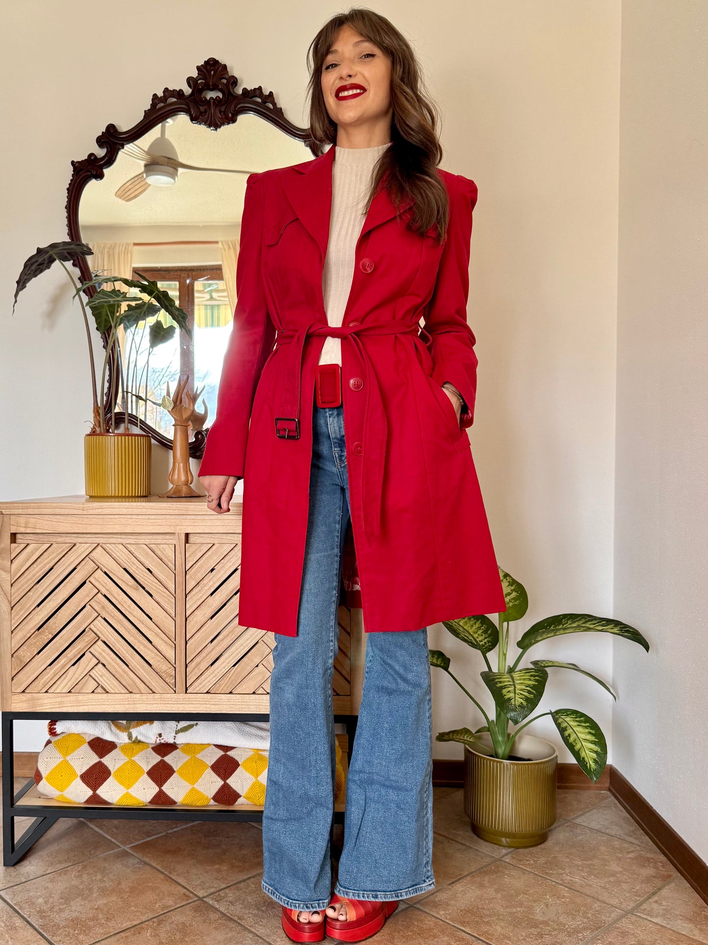 1990's vintage cherry red trench coat with white and red abstract geometric satin lining