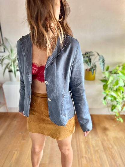 1970's vintage navy blue linen blouse with mother of pearl buttons