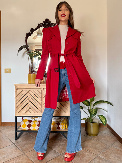 1990's vintage cherry red trench coat with white and red abstract geometric satin lining