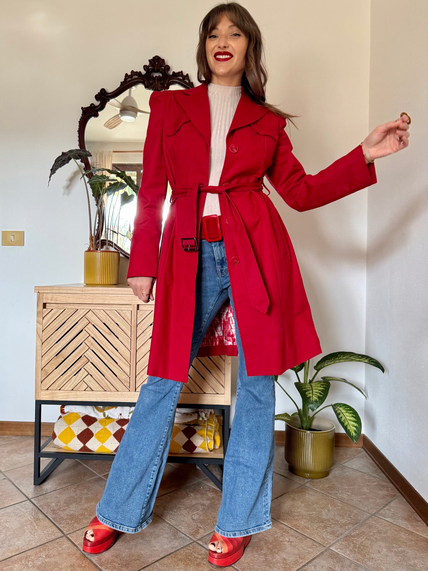 1990's vintage cherry red trench coat with white and red abstract geometric satin lining