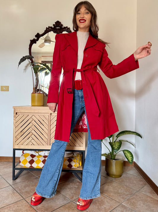 1990's vintage cherry red trench coat with white and red abstract geometric satin lining
