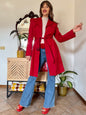 1990's vintage cherry red trench coat with white and red abstract geometric satin lining