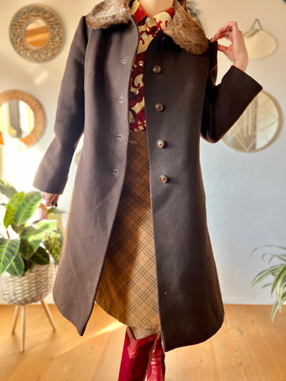 1970's vintage chocolate brown tailored wool coat with faux fur collar