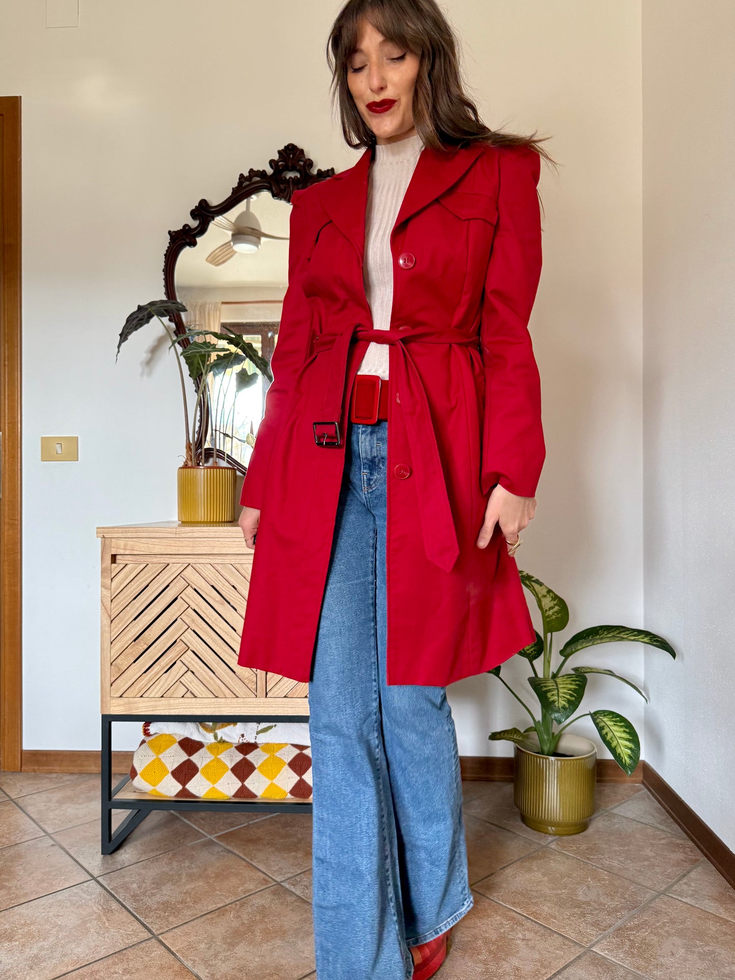 1990's vintage cherry red trench coat with white and red abstract geometric satin lining