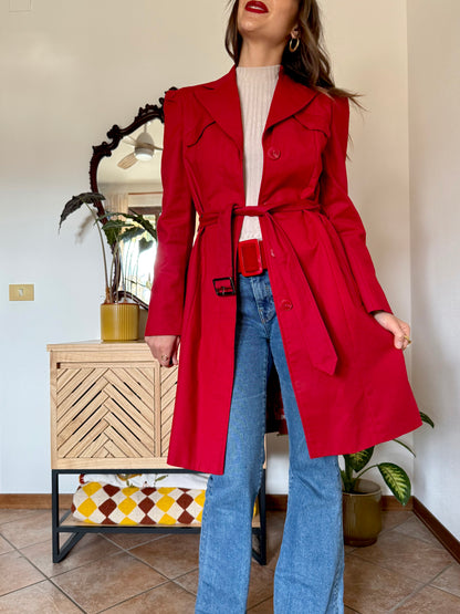 1990's vintage cherry red trench coat with white and red abstract geometric satin lining