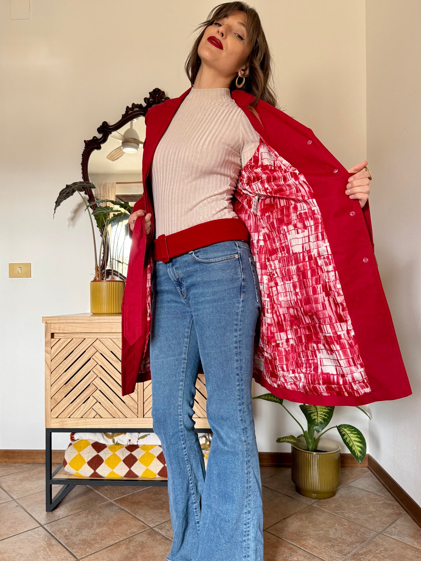 1990's vintage cherry red trench coat with white and red abstract geometric satin lining