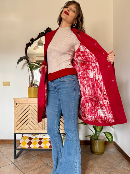 1990's vintage cherry red trench coat with white and red abstract geometric satin lining