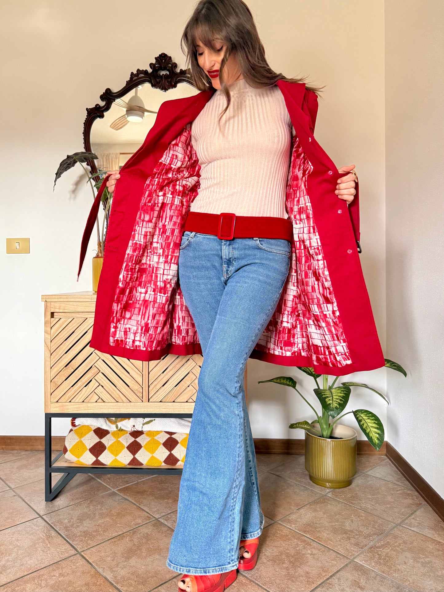 1990's vintage cherry red trench coat with white and red abstract geometric satin lining