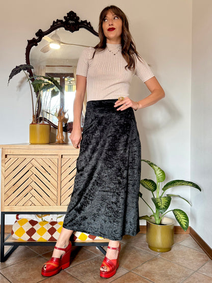 1990's vintage black crushed velvet maxi skirt